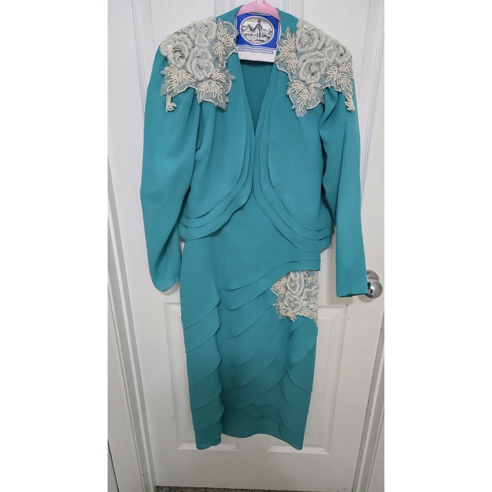 Regina Bianca Teal Sequin 2 Piece Dress Size 12 Beaded Jacket Set 80s USA Prom